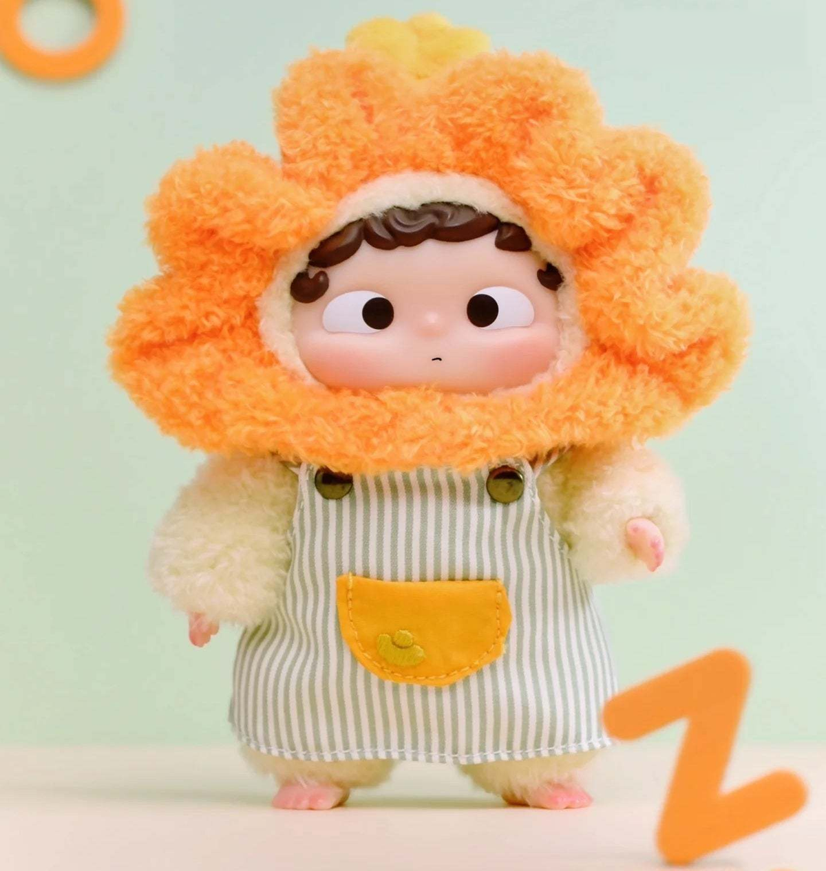 Complete Ozai Kindergarten orange flower-hood plush design example with complete headwear, face, striped outfit, hands and feet; random purchases do not guarantee this design