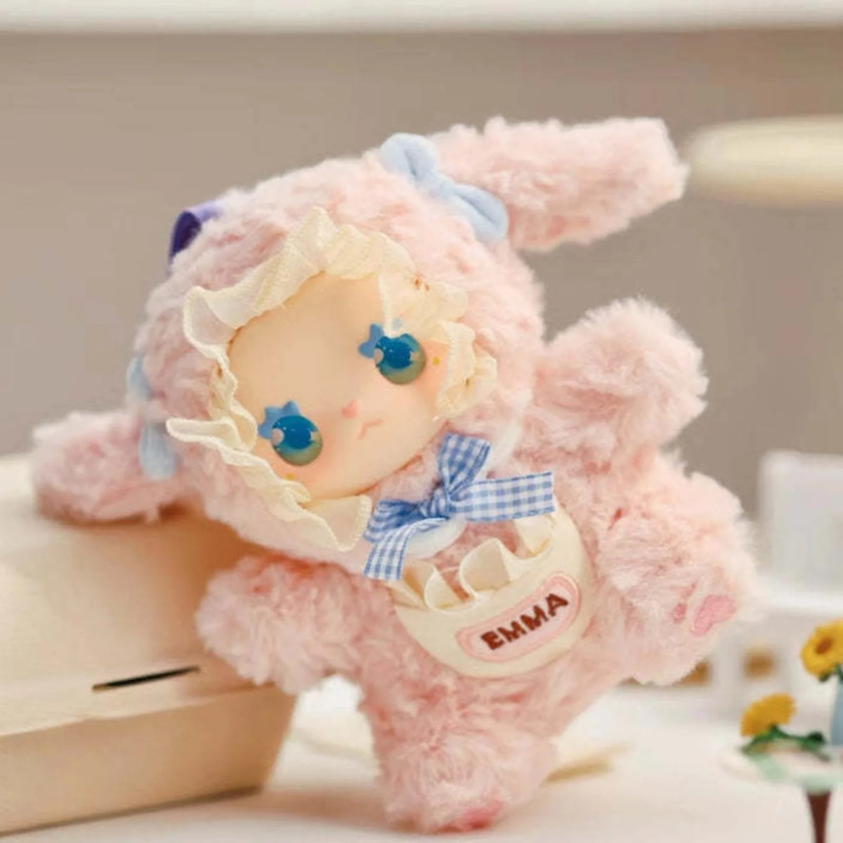 Lovely Emma Pocket Zoo pink rabbit plush leaning in a picnic display; example design