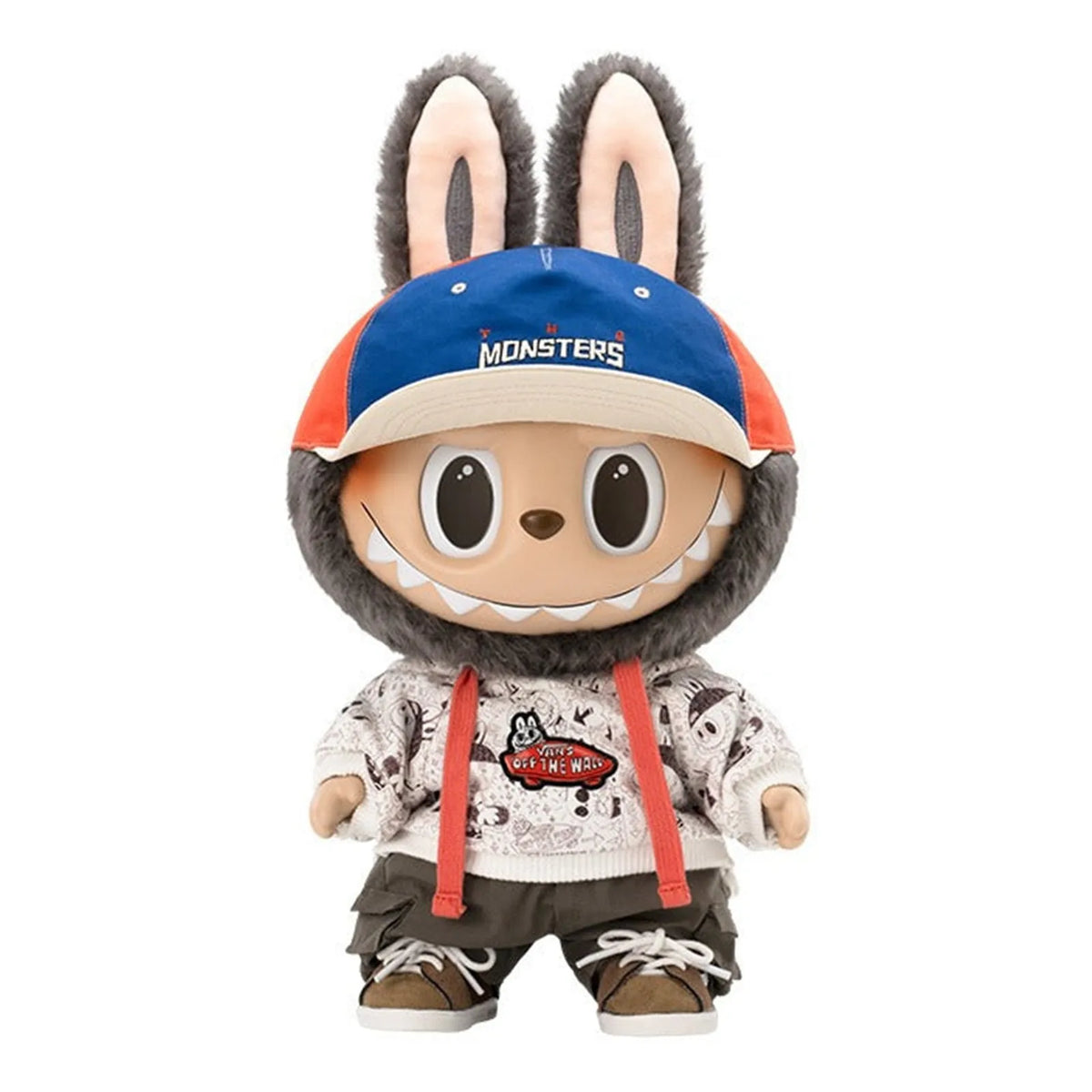 LABUBU Oldskool Monsters Forever — complete vinyl plush doll in cap, hoodie, trousers and shoes, front view