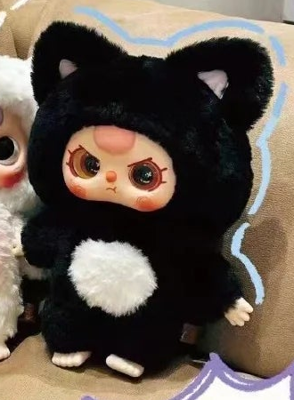 Baby Three Big Baby black plush example with complete ears, face, white belly, hands and both feet; random purchases do not guarantee this design