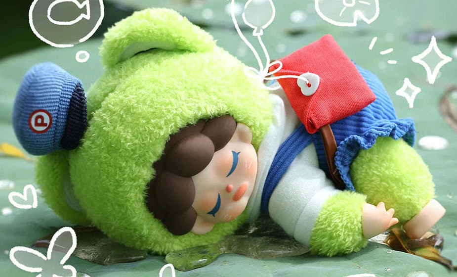 Complete Wendy Garden green plush design example in a reclining pose with complete hood, face, body, hand and feet; random purchases do not guarantee this design