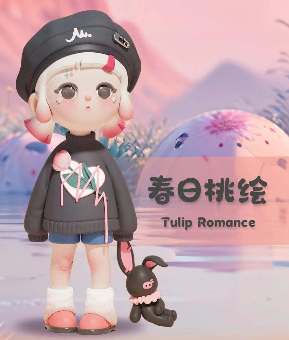 Complete Hello ShanShan Tulip Romance doll design example with complete black beret, face, sweatshirt, legs, shoes and bunny-shaped accessory; random purchases do not guarantee this design