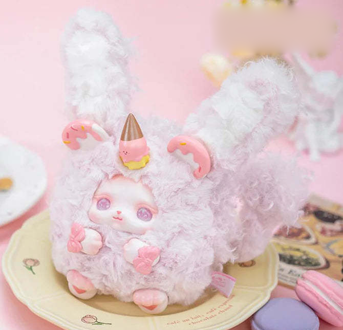 Complete LOLOAN Dessert pink plush design example with both complete rabbit ears, dessert-style head details, face, paws and feet; random purchases do not guarantee this design