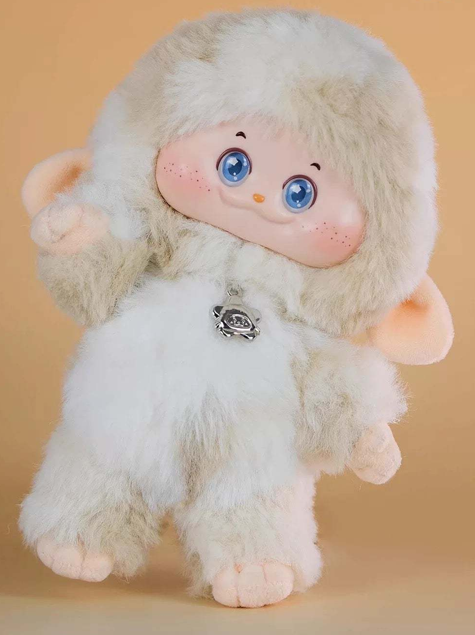 Complete cream-colored PIMOMO vinyl-face plush example with full head, side ears, face, body, hands, chest charm and both feet; random purchases do not guarantee this design