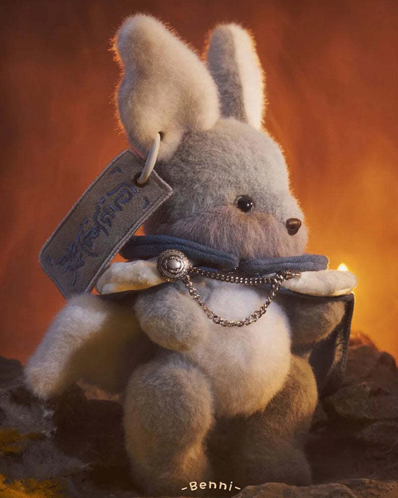 Complete Endless Forest gray rabbit plush design example with complete ears, face, body, feet, tail, hanging tag and cape details; random purchases do not guarantee this design