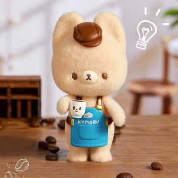 KUMARU character in a blue apron holding a cup; exact series reference, random purchase does not guarantee pictured design