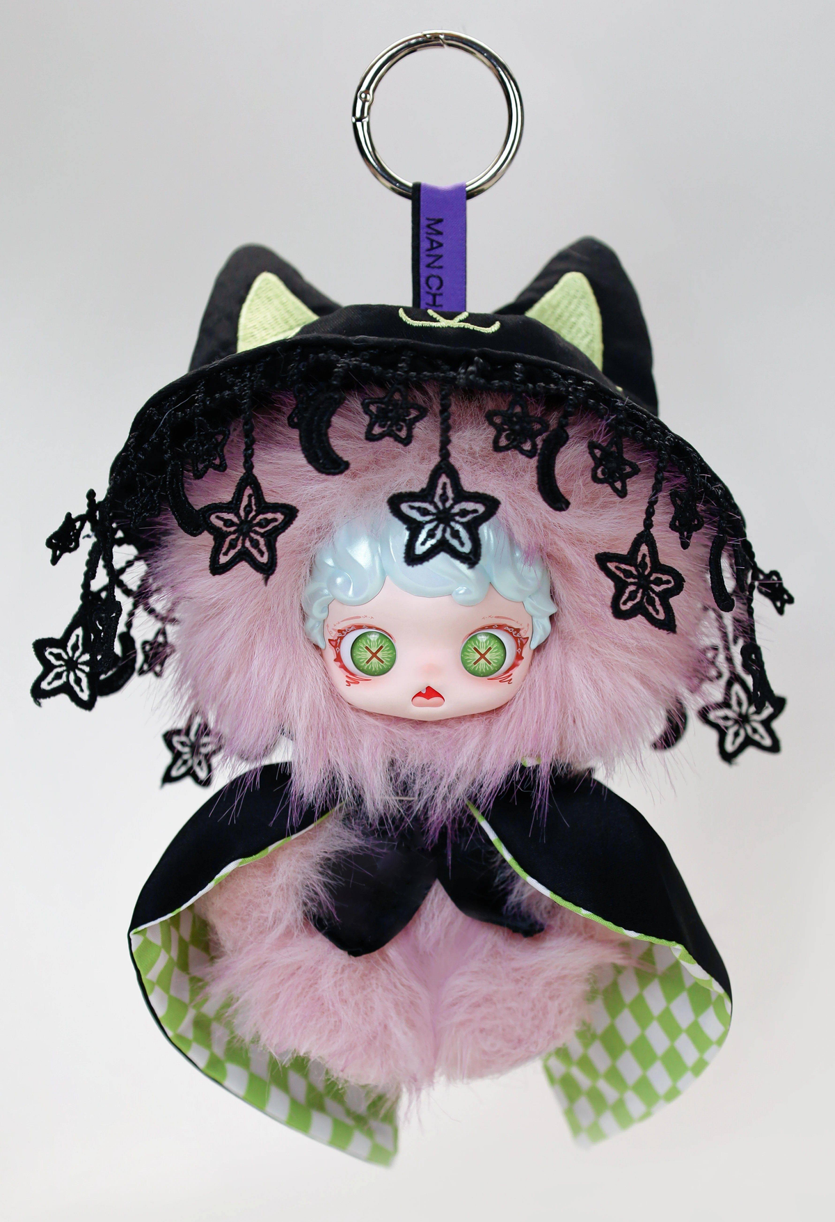 Mioco pink-haired witch-hood plush pendant front example with full hanging ring, ears, lace star headwear, face and cloak outline; random purchases do not guarantee this design