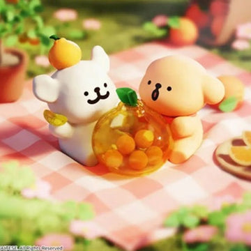 Maltese and Golden Retriever with orange fruit display — random series design example