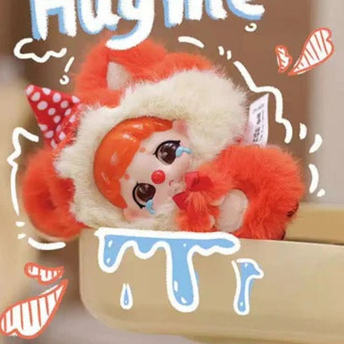 Red animal-costume plush character in a cup display scene; exact series reference, random purchase does not guarantee pictured design