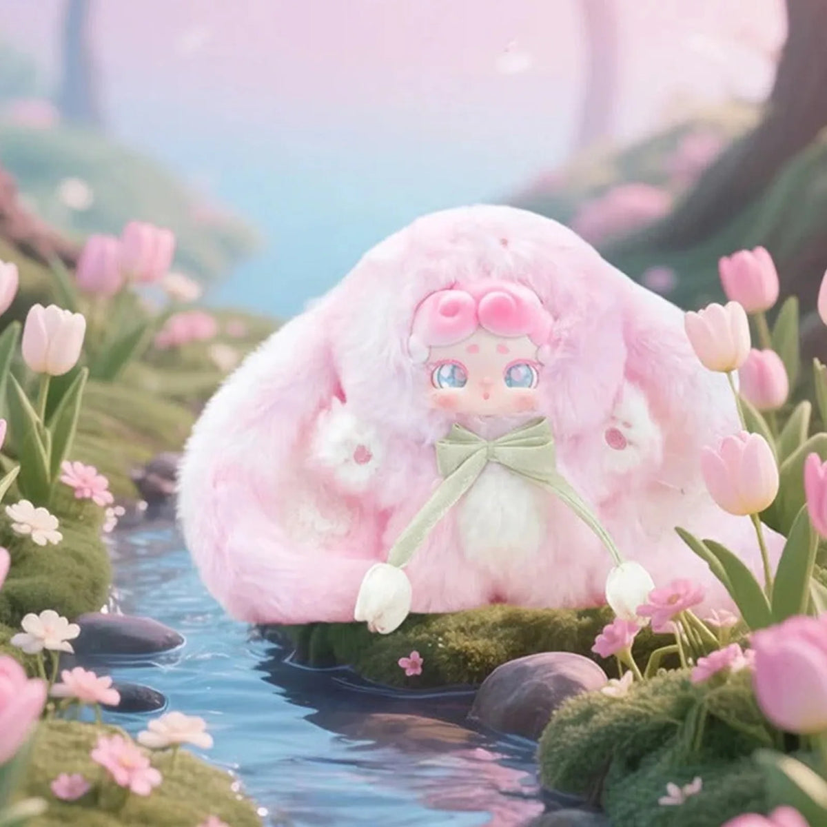 Pink Secret Garden plush doll beside a stream scene; exact series reference, random purchase does not guarantee pictured design