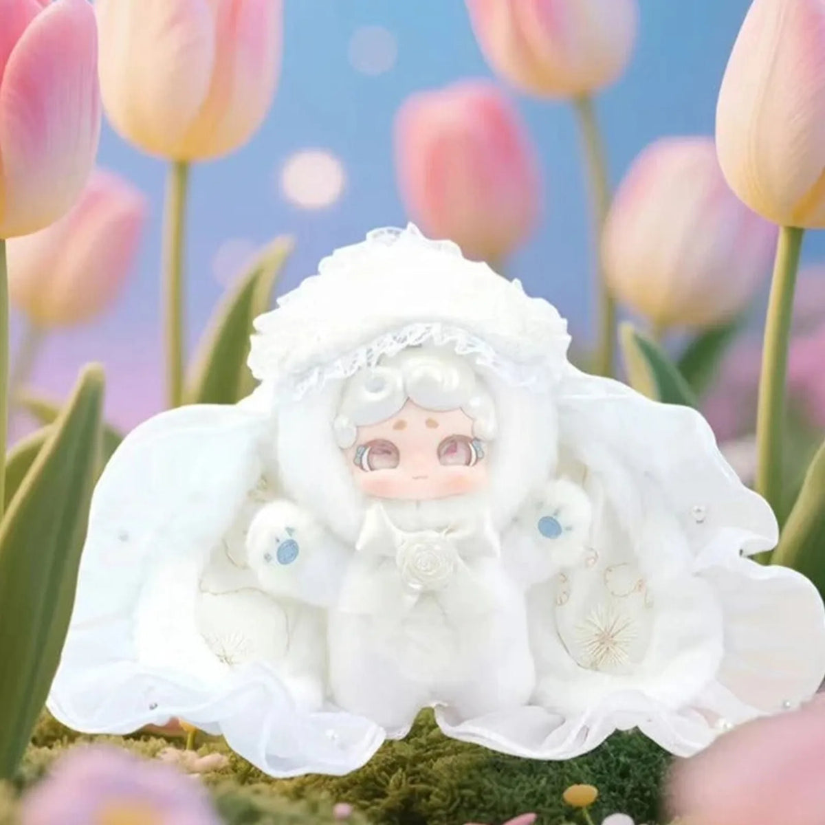 White-outfit Secret Garden plush doll in a flower scene; exact series reference, random purchase does not guarantee pictured design