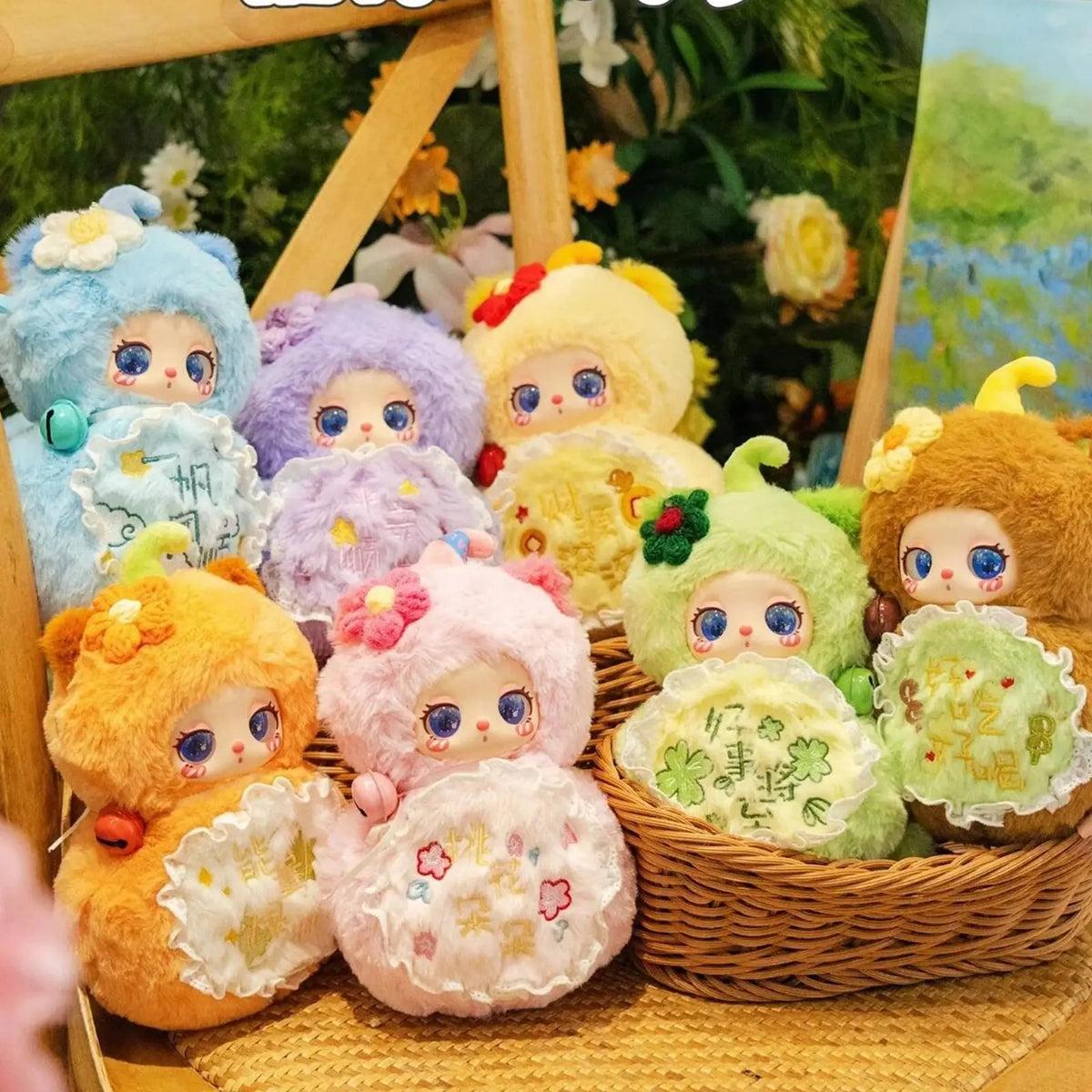 Liila Magic FULU plush series displayed on a chair and in a basket; not one-box contents