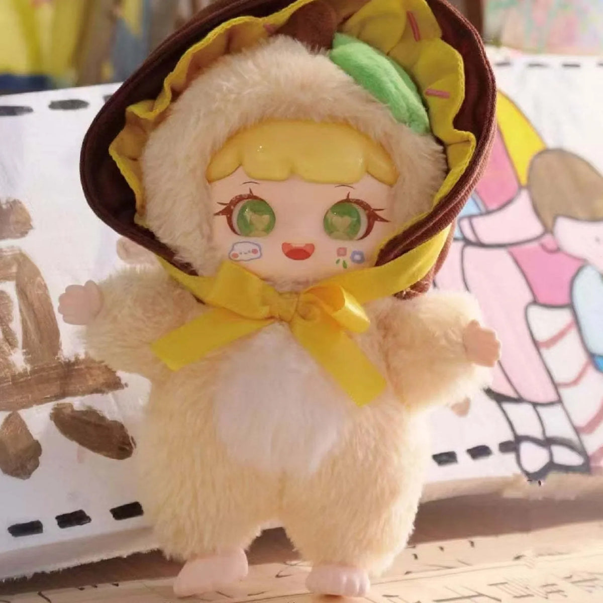 MANCHAO A Mouthful of Sweet cream plush design with brown-and-yellow head costume and yellow neck bow; series example