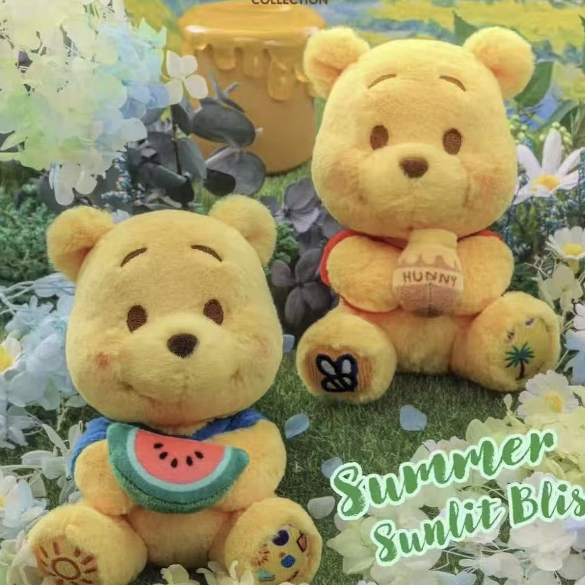 DSN Winnie the Pooh Bloom To Snow Series Cosbi Plush Keychain Collection Blind Box - Pooh Summer Bloom To Snow plush keychain designs; illustrative series image, contents depend on purchase option