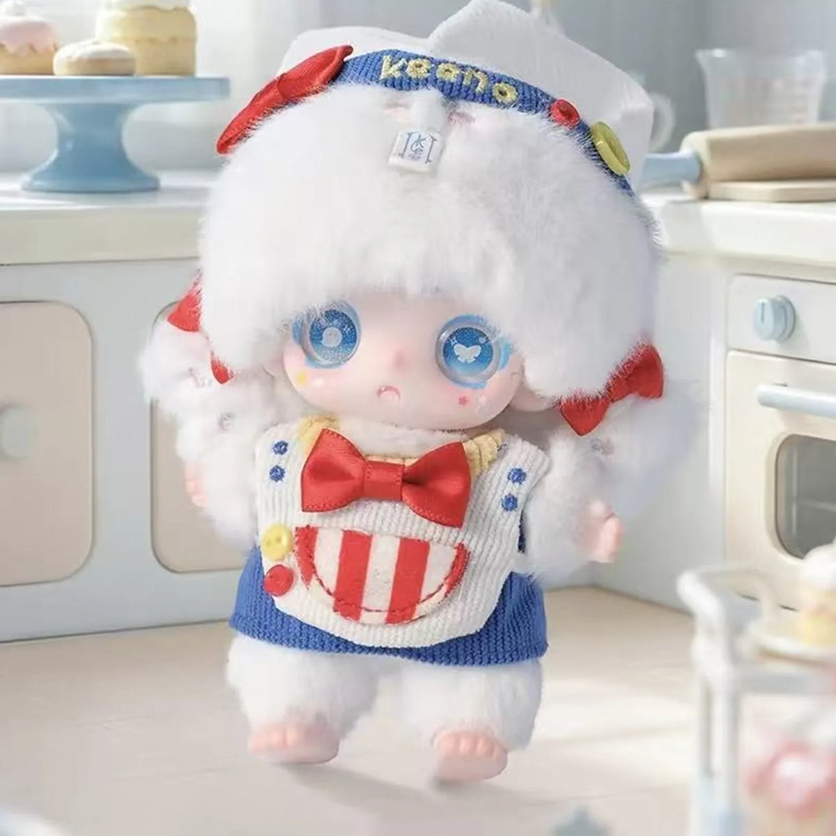 KEENO Fluffy Cute Ghost Series Plush Pendant Blind Box - Complete white sailor-outfit plush example; random design not guaranteed