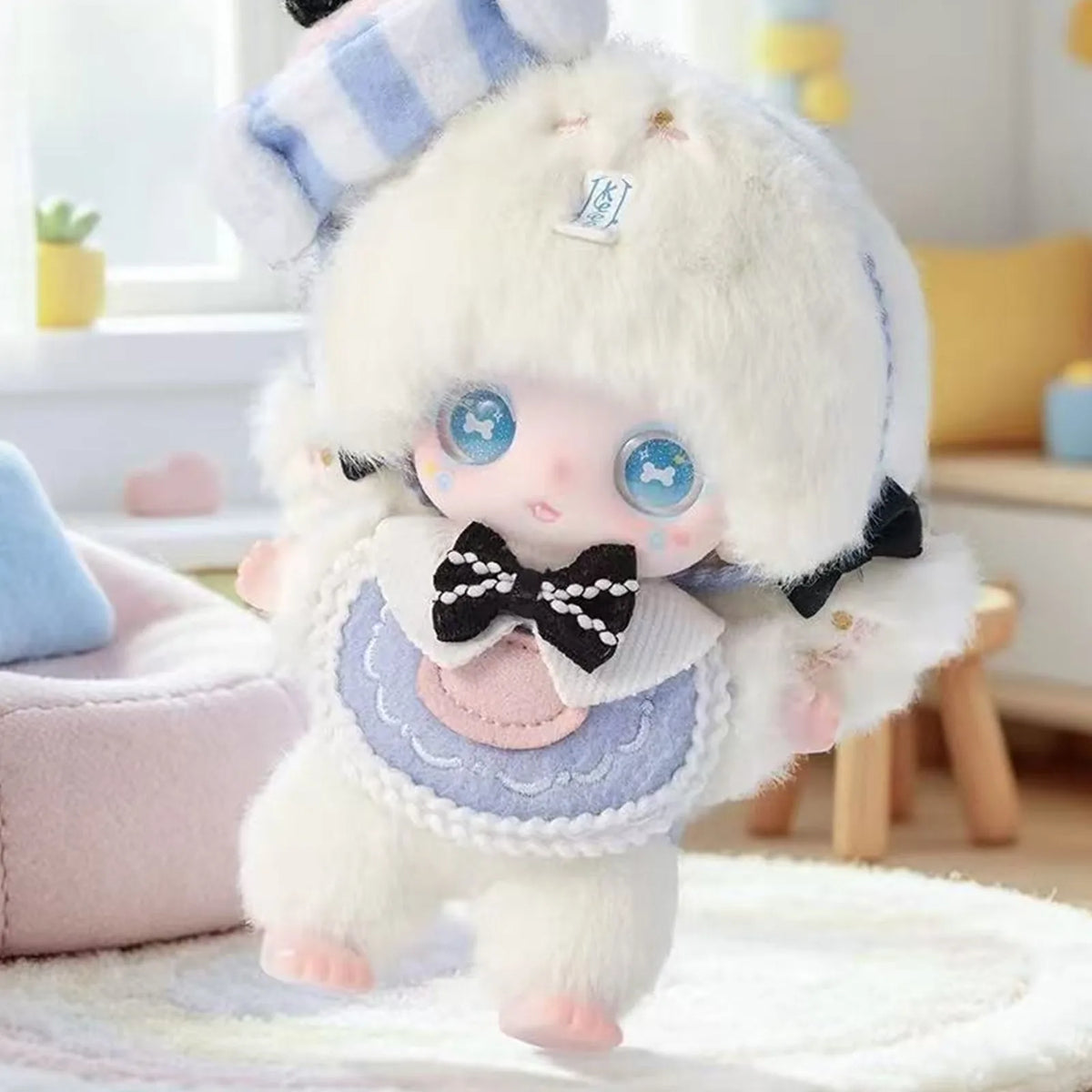 KEENO Fluffy Cute Ghost Series Plush Pendant Blind Box - Blue-hat plush detail with upper hat edge cropped; random design not guaranteed