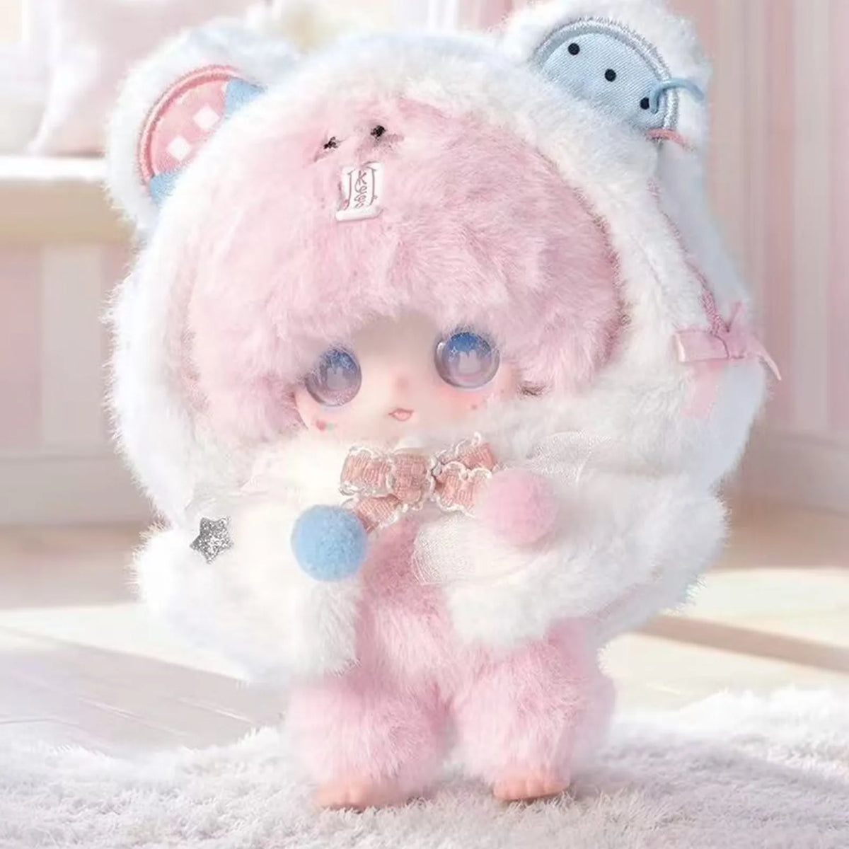 KEENO Fluffy Cute Ghost Series Plush Pendant Blind Box - Complete pink plush example with fish-themed hood details; random design not guaranteed