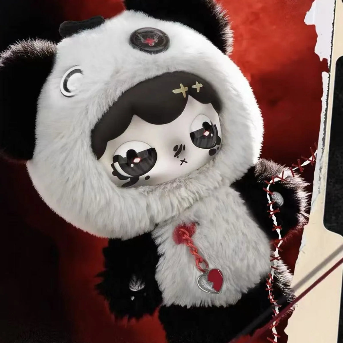 Lulumi's The Seventh Pain Series Plush Pendant Blind Box - White and black panda-style plush with red chest detail; upper ear and lower feet cropped; random design not guaranteed; display props not included