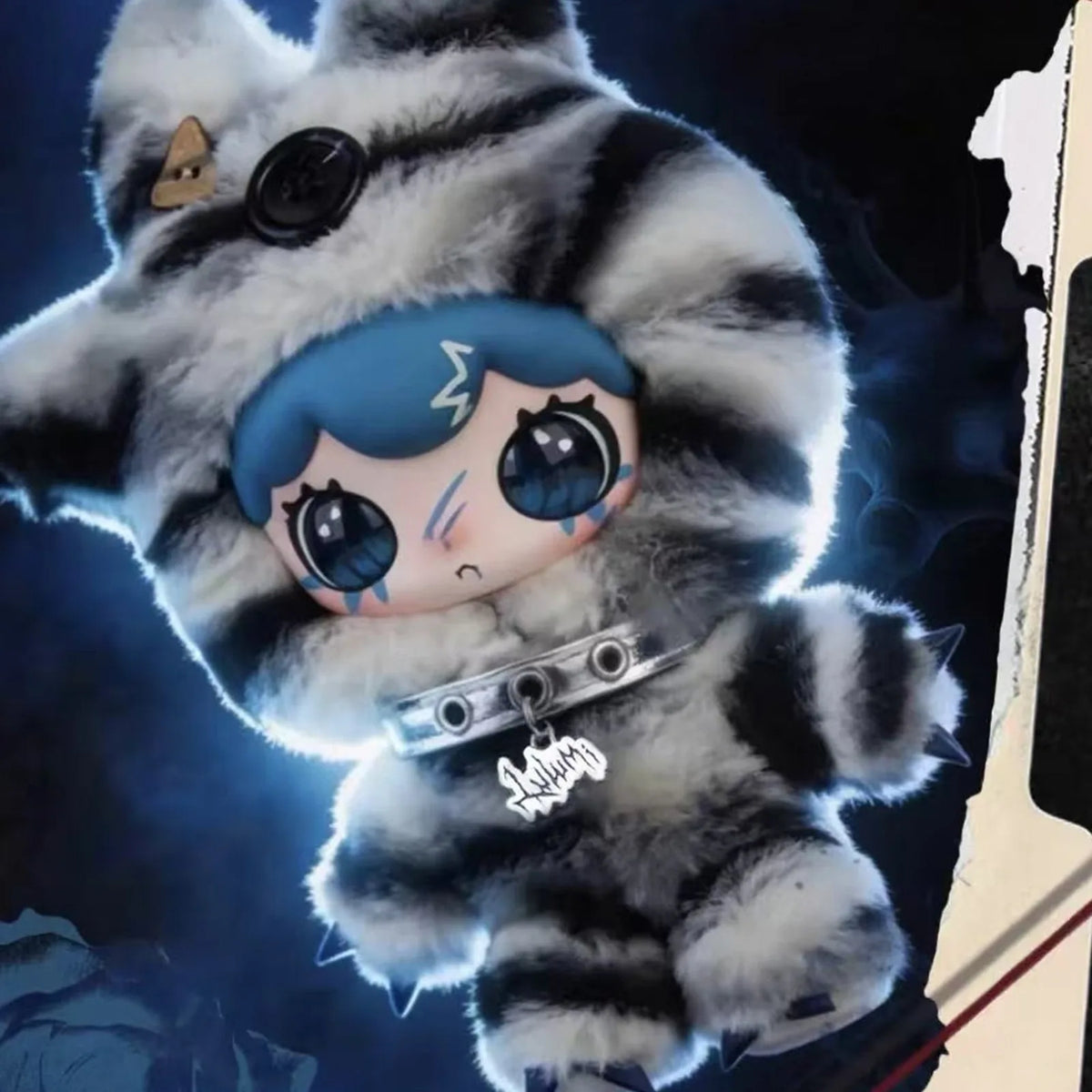 Lulumi's The Seventh Pain Series Plush Pendant Blind Box - Striped plush design with blue hair and silver collar detail; upper ears and lower feet cropped; random design not guaranteed; display props not included