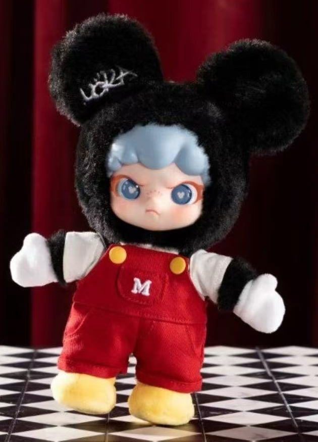 DORA Mickey S 20cm pendant with full ears, gloved hands, red overalls and yellow shoes; one named selected pendant, larger comparison doll not supplied