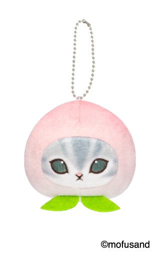 Pink peach-hood Mofusand cat-face plush pendant with complete ball chain and green leaves; example design, not guaranteed in random boxes; original copyright retained