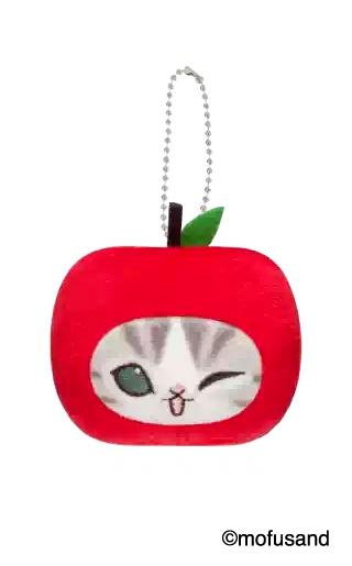 Red apple-hood Mofusand winking cat-face plush pendant with complete ball chain, stem and leaf; example design, not guaranteed in random boxes; original copyright retained