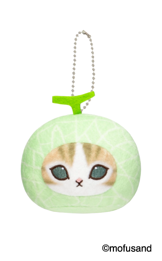 Green melon-hood Mofusand cat-face plush pendant with complete ball chain and green stem; example design, not guaranteed in random boxes; original copyright retained