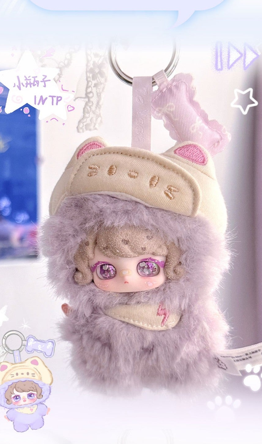 TOMEET Cuteness Accelerating purple plush example with complete cap ears, top charm, face, scarf and body; random purchases do not guarantee this design