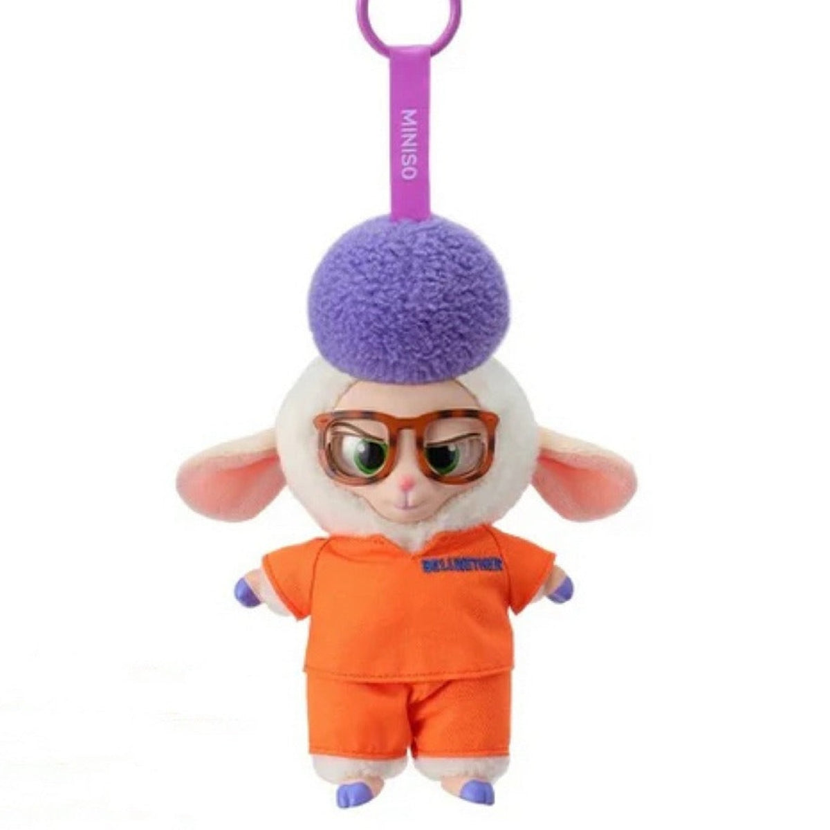 Miniso Zootopia Vinyl Plush Pendant Mystery Blind Box - Orange-outfit sheep pendant detail with hanging strap; illustrative series image, contents depend on purchase option