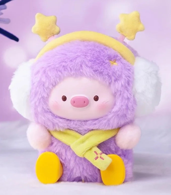 Complete GeeGeePig purple Firework Pig design example with both top stars, earmuffs, face, body, hands, scarf and yellow feet; random purchases do not guarantee this design