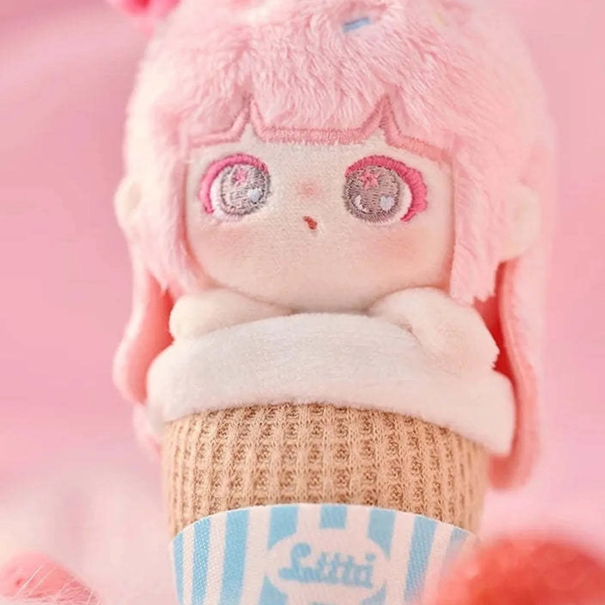 Liita Rainbow Cone pink Fragola plush face and cone costume close-up; example design