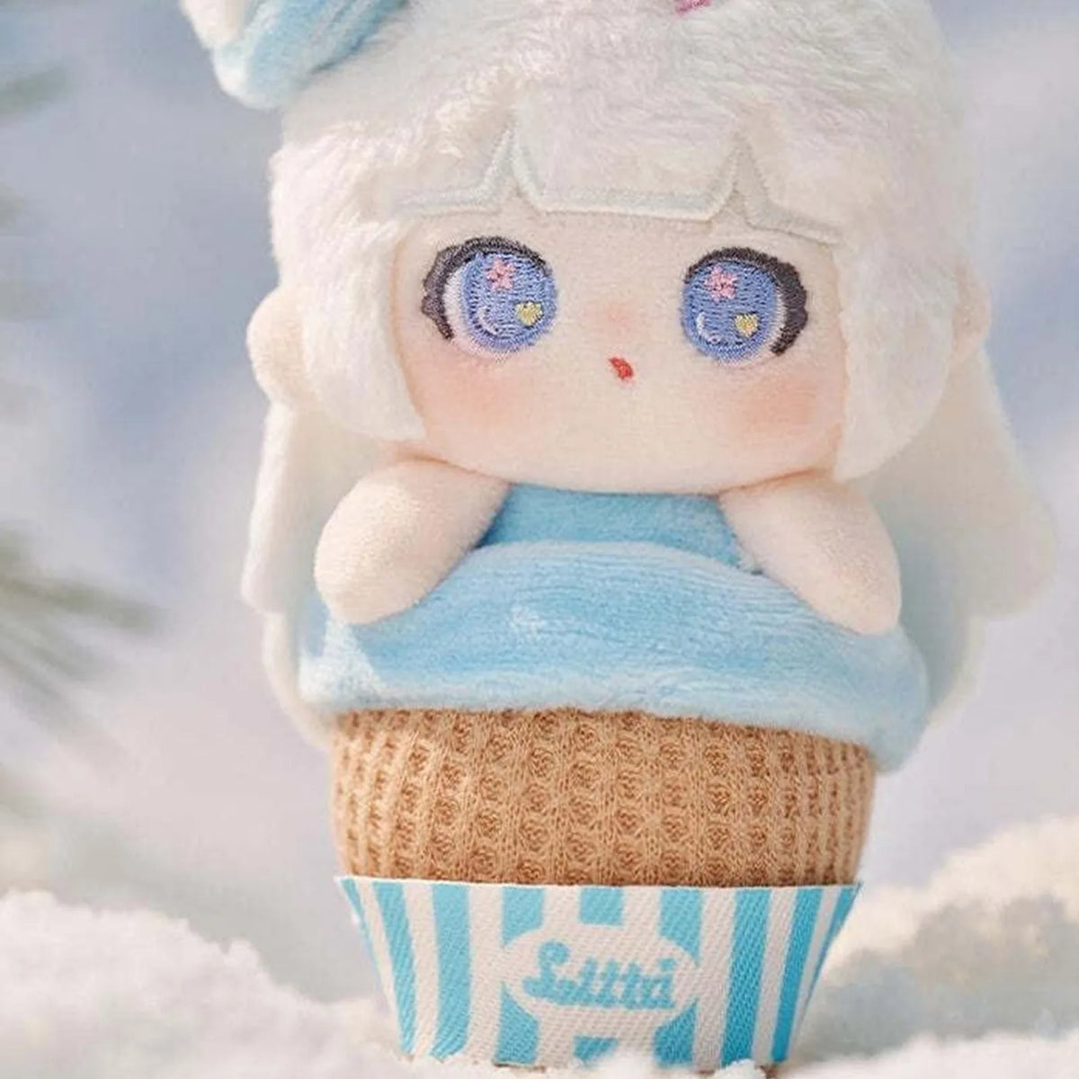 Liita Rainbow Cone pale blue plush face and cone costume detail; example design