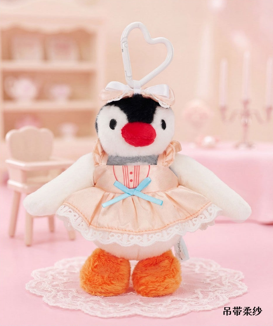 Complete Pingu plush pendant design example with full heart-shaped clip, bow, face, wings, dress and feet; random design not guaranteed; random purchases do not guarantee this design