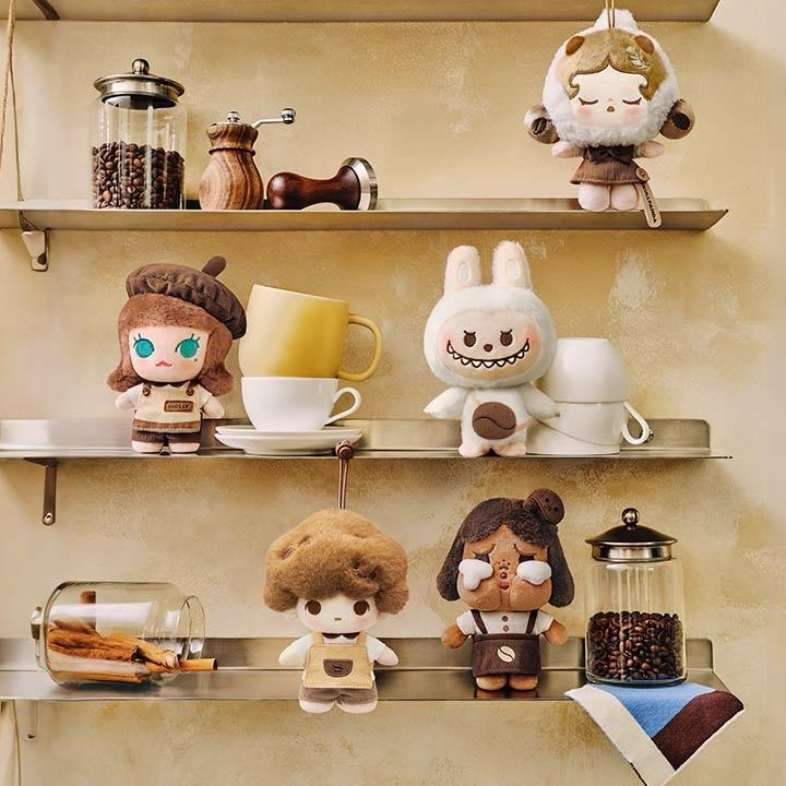 POP BEAN Coffee Factory — six pendant characters on coffee shelves