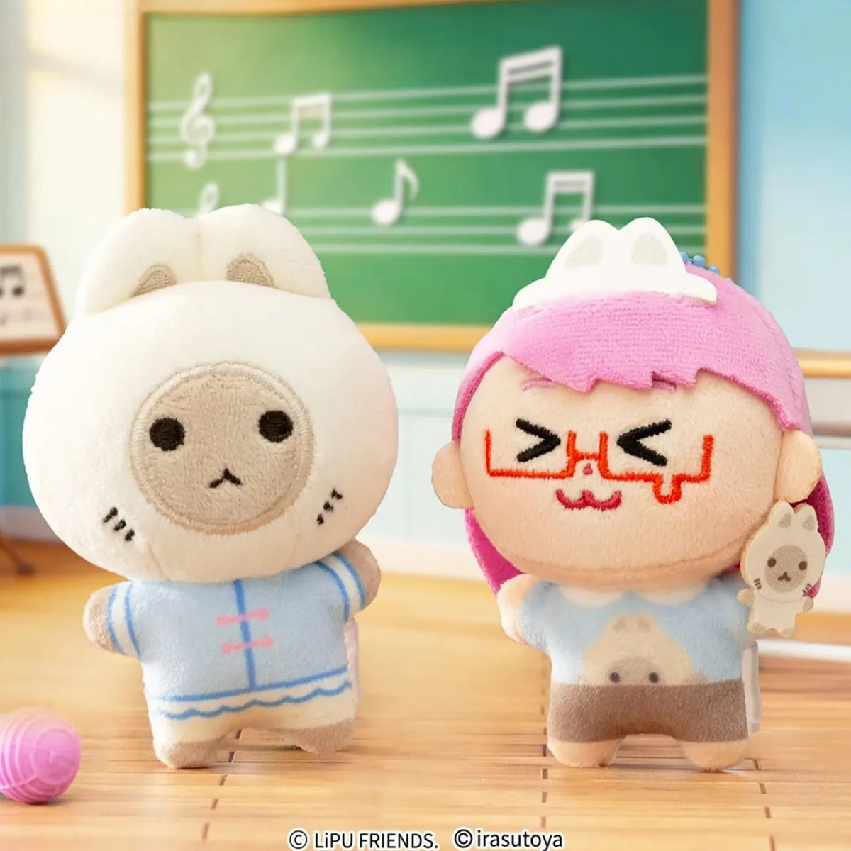 LiPU FRiENDS × irasutoya Series Plush Pendant Blind Box — LiPU FRiENDS and irasutoya plush-pendant pair in a classroom scene