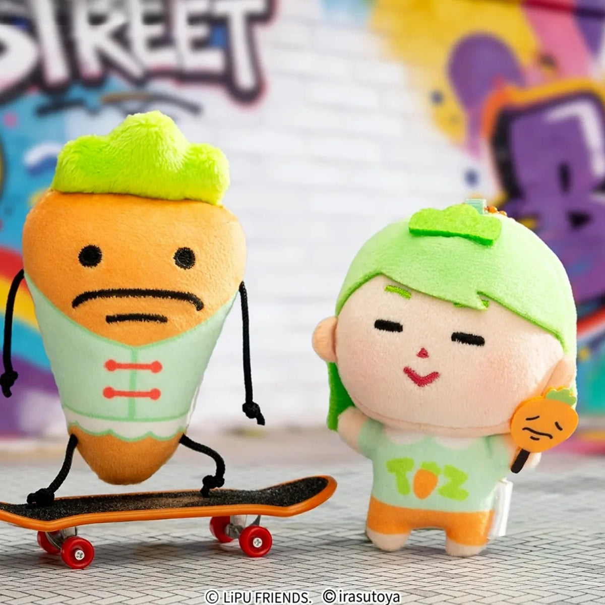 LiPU FRiENDS × irasutoya Series Plush Pendant Blind Box — Two plush-pendant designs in a skateboarding scene; props not included
