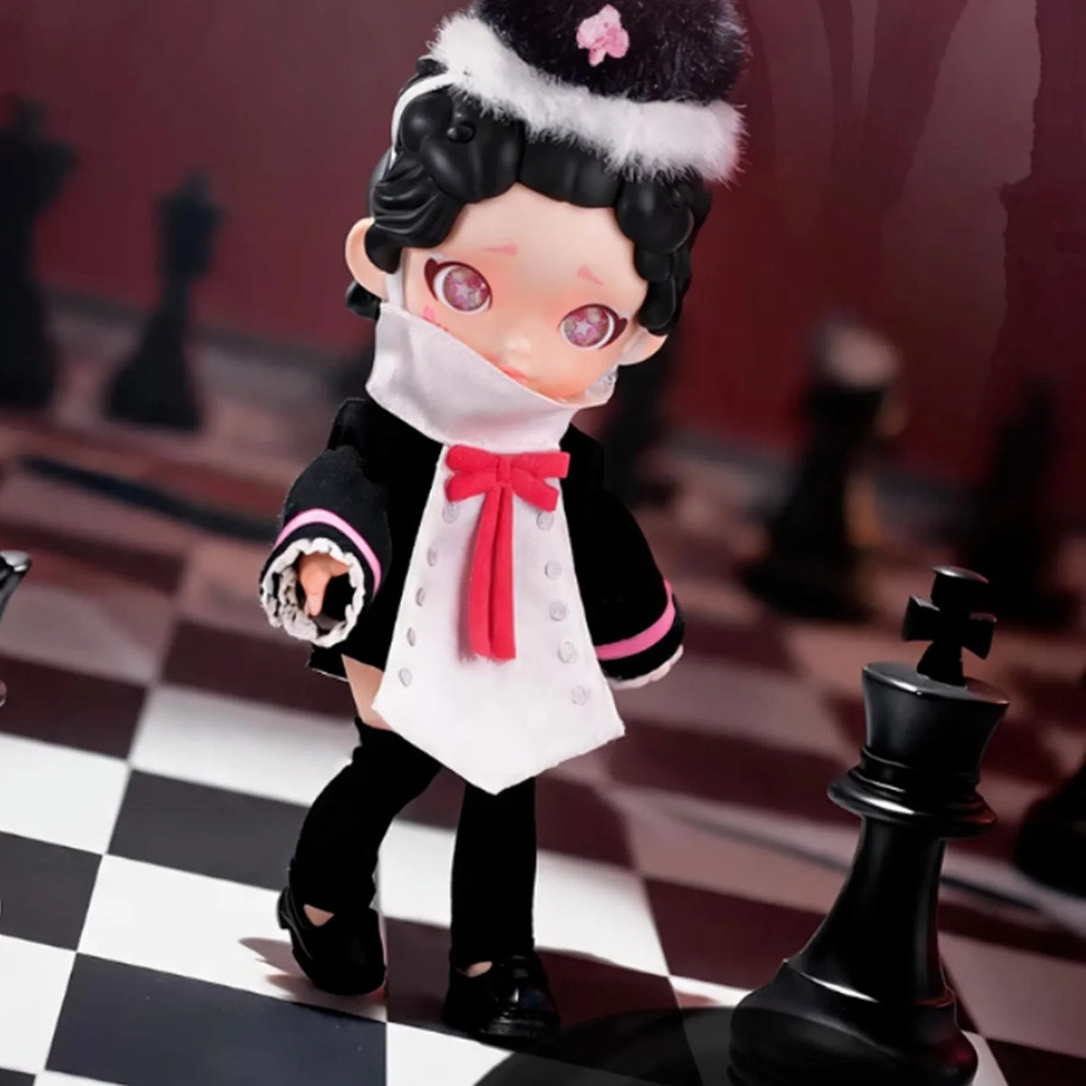 LAURA Chess Rook doll with a fur-trimmed hat and red bow; physical series reference, random purchase does not guarantee this character