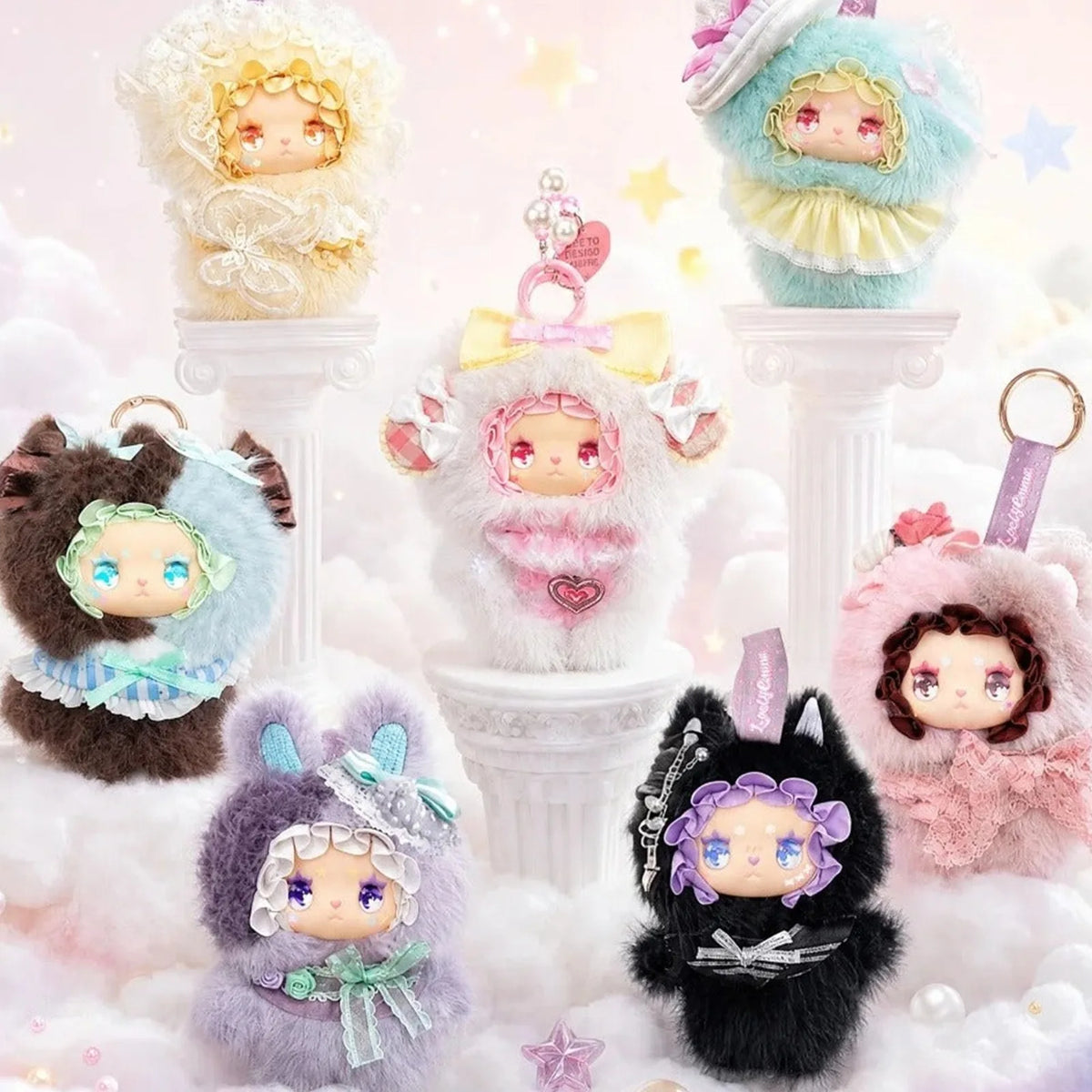 Lovely Emma Falling into Dreamscape complete plush character lineup; series examples, not one-box contents