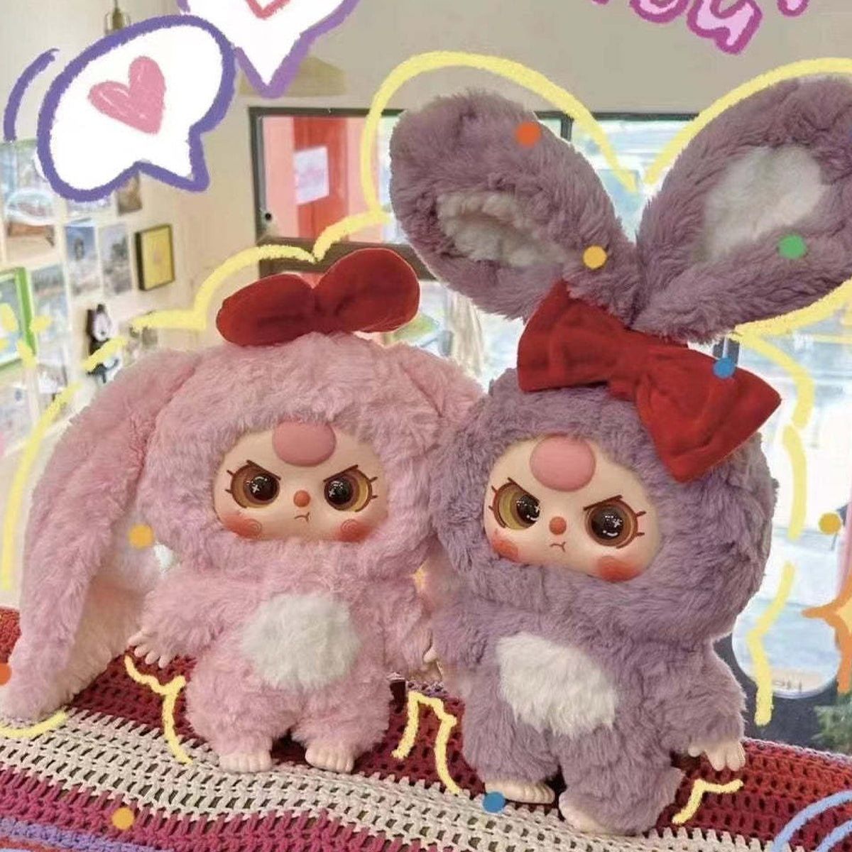Baby Three-400% Big Baby Series Plush Dolls, Blind Box - Pink and purple rabbit design comparison; upper decoration cropped, not two supplied items; random design not guaranteed; display props not included