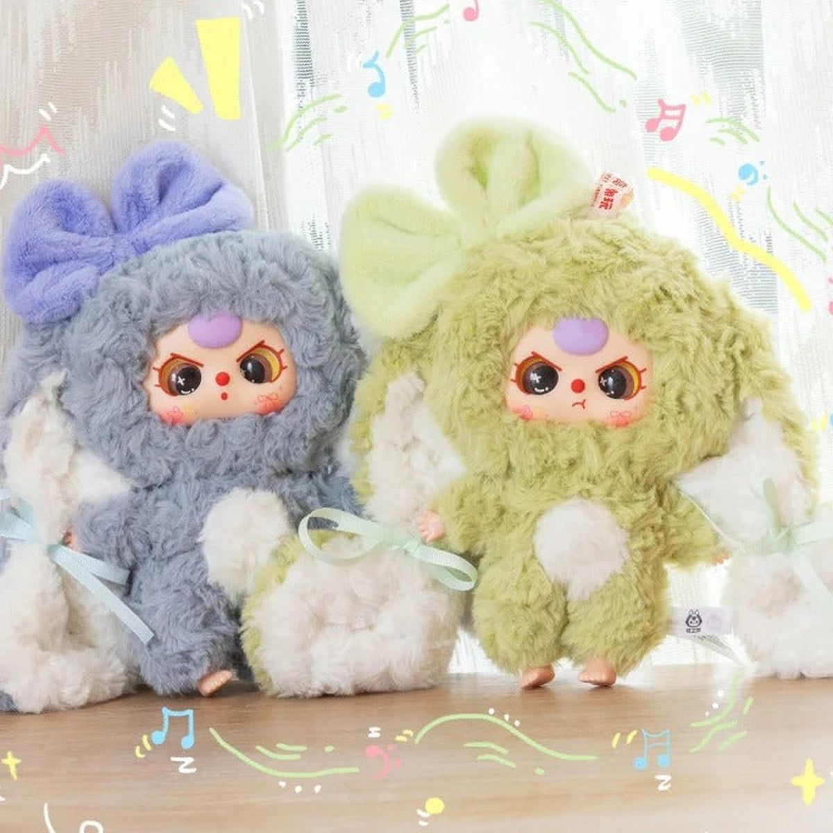 Baby Three-Bunny Return Series Plush Dolls, Blind Box - Grey and green Bunny Return plush examples; illustrative series image, contents depend on selected purchase option