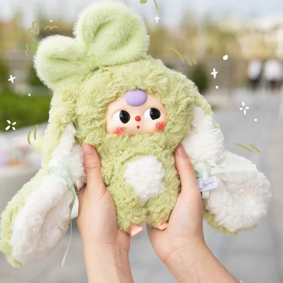 Baby Three-Bunny Return Series Plush Dolls, Blind Box - Green Bunny Return plush held for scale reference; illustrative series image, contents depend on selected purchase option