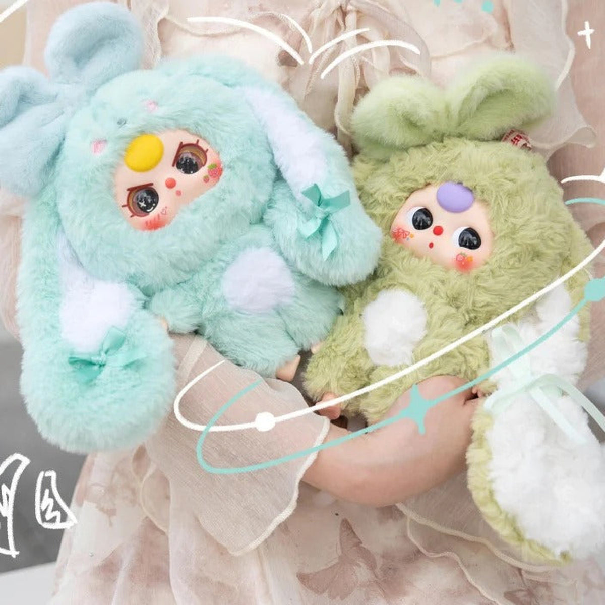 Baby Three-Bunny Return Series Plush Dolls, Blind Box - Blue and green Bunny Return plush examples; illustrative series image, contents depend on selected purchase option