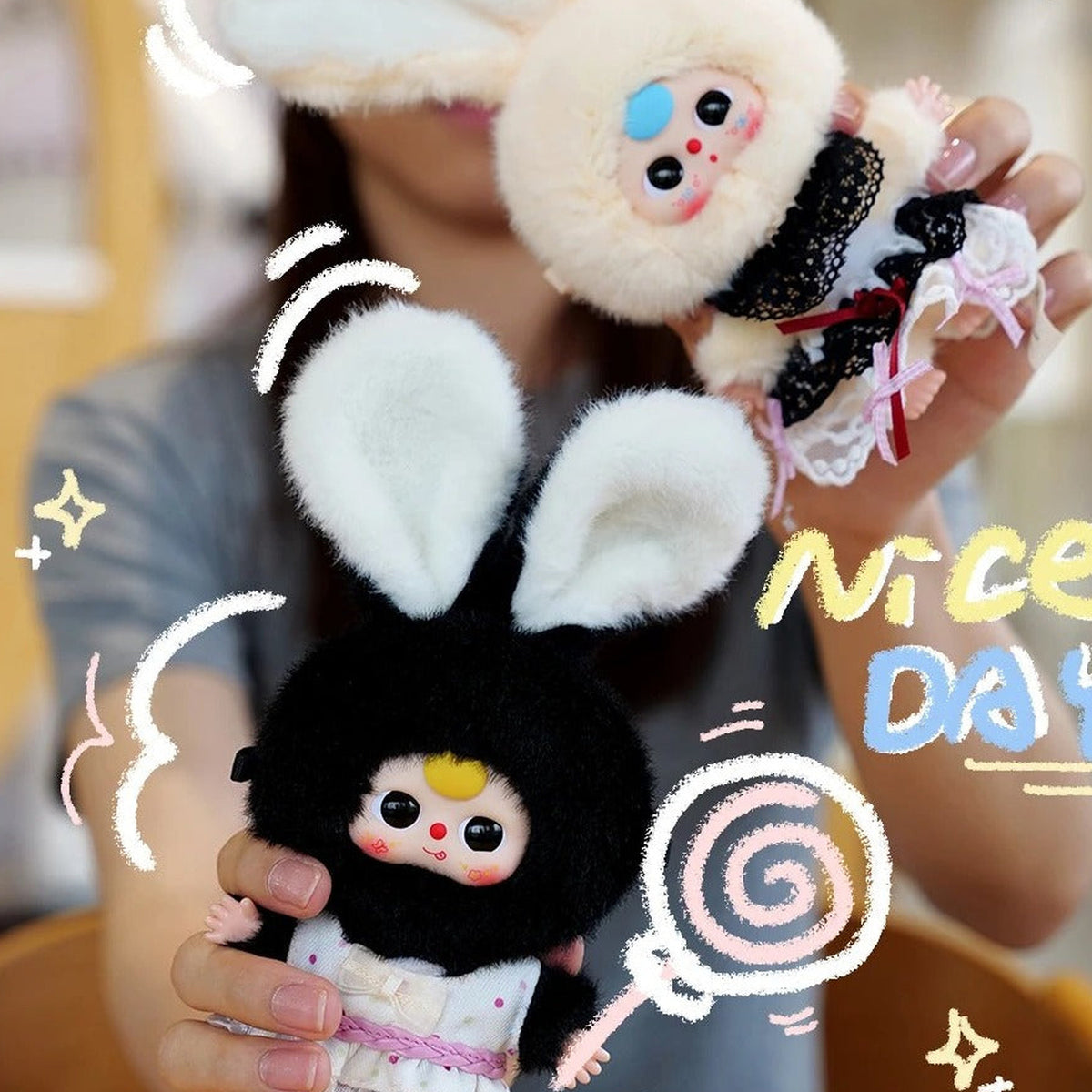 Baby Three The Miniature Bunny Series Plush Blind Box - Black and white miniature bunny plush examples; illustrative series image, contents depend on selected purchase option