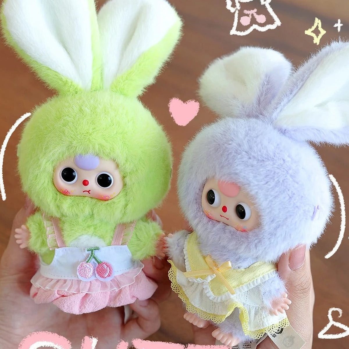 Baby Three The Miniature Bunny Series Plush Blind Box - Green and purple miniature bunny plush examples; illustrative series image, contents depend on selected purchase option