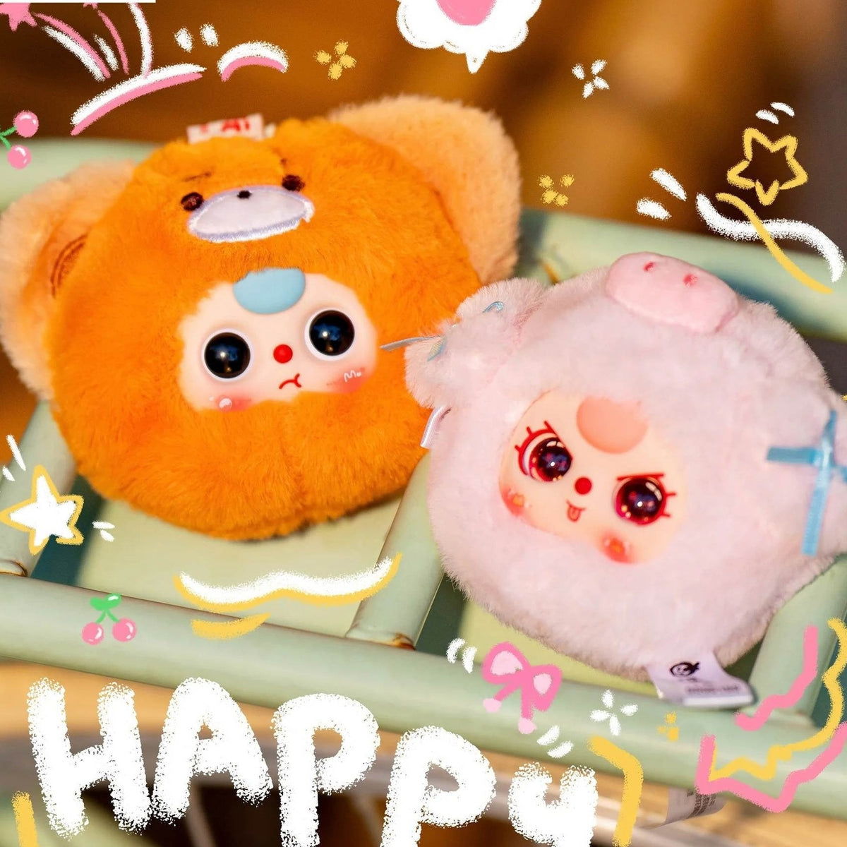 Baby Three Tiny Animal Series Plush Dolls, Blind Box - Orange and pink Tiny Animal plush examples; illustrative series image, contents depend on selected purchase option