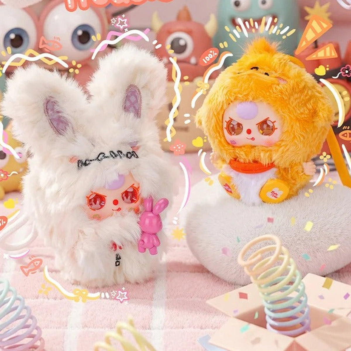 Baby Three Weirdly Adorable Series Mini Plush Blind Box - White rabbit and orange plush examples; illustrative series image, contents depend on selected purchase option