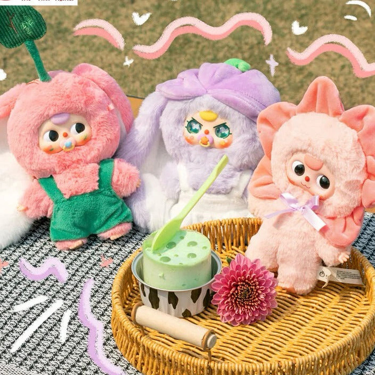 Baby Three Where is Spring plush doll design examples in a picnic scene; random designs, scene props excluded