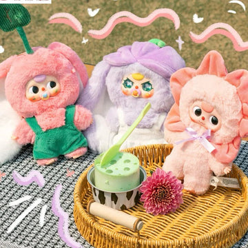 Baby Three Where is Spring plush doll design examples in a picnic scene; random designs, scene props excluded
