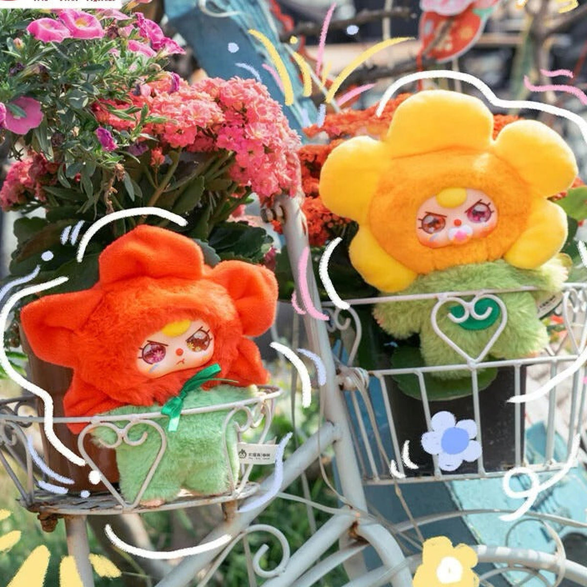 Baby Three Where is Spring flower-costume plush doll design examples in a bicycle basket; random designs, props excluded
