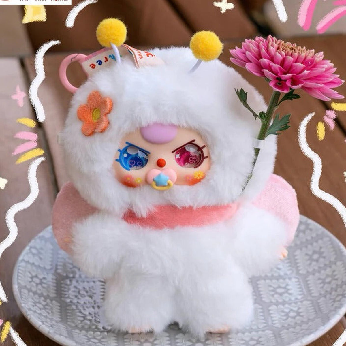 Baby Three Where is Spring plush doll example in a fluffy costume; random design, scene props excluded